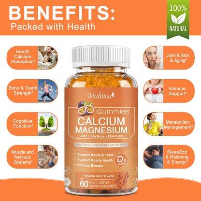1200mg Calcium Gummies with D3, K2 & Zinc – Plant-Based Calcium Magnesium Complex with Glycinate, Potassium & Vitamin C – Bone & Immune Support – Sugar-Free Passion Fruit Flavor