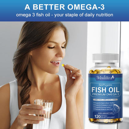 Mulittea Fish Oil 3600 mg Softgels – High Potency Omega-3 with EPA & DHA for Brain, Heart, Joint & Skin Support – Burpless, Pure Sea-Harvested – 120 Capsules