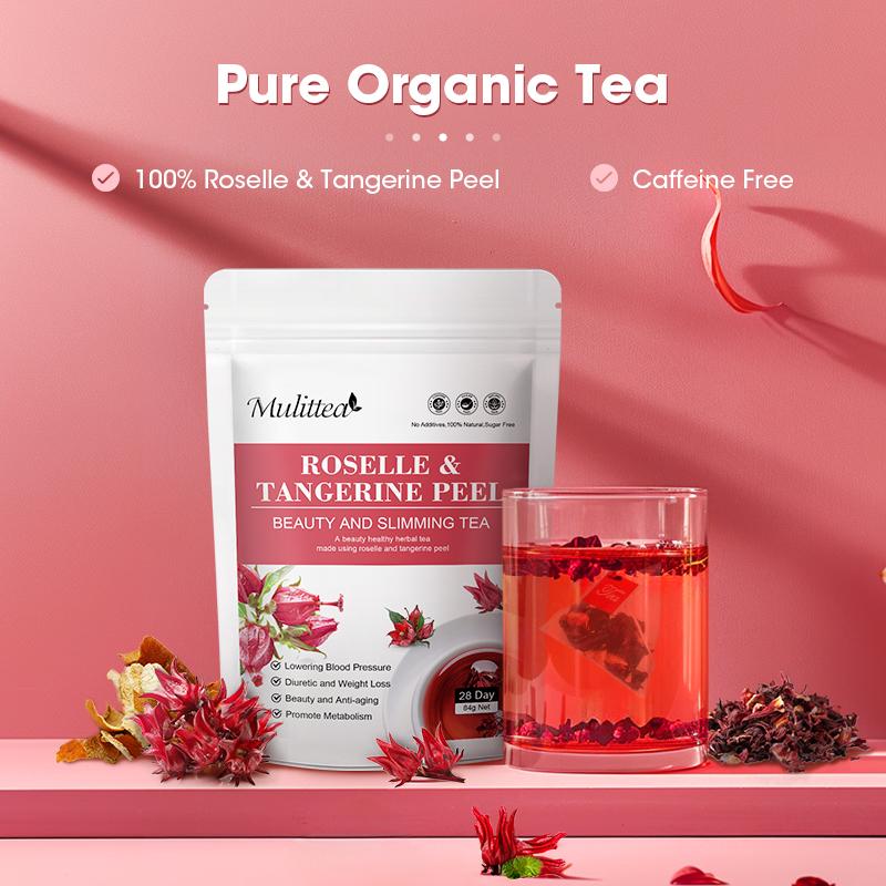 Mulittea Hibiscus Tea with Tangerine Peel Organic Hibiscus Flowers Herbal Tea, Caffeine Free Tea for Beauty, Anti-aging, Diuretic, Weight Loss