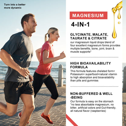 Magnesium Glycinate Liquid Drops – Triple Absorption Formula with Potassium, L-Theanine & Vitamins B, C, D3, K2 – Raspberry Flavor, Sugar-Free, Vegan
