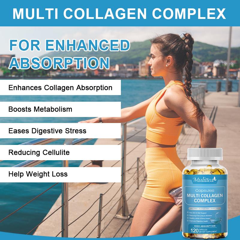 Mulittea Multi-Collagen Complex Capsules for Women and Men Hydrolyzed Collagen(Type I, II, III, V, X) for Bone and Joint Support Hair Skin and Nails Health