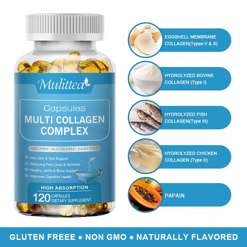 Mulittea Multi-Collagen Complex Capsules for Women and Men Hydrolyzed Collagen(Type I, II, III, V, X) for Bone and Joint Support Hair Skin and Nails Health