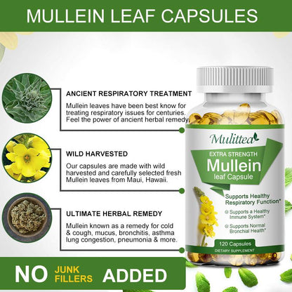 Natural Mullein Leaf Capsules – Herbal Lung Cleanse & Respiratory Support – Vegan, Non-GMO