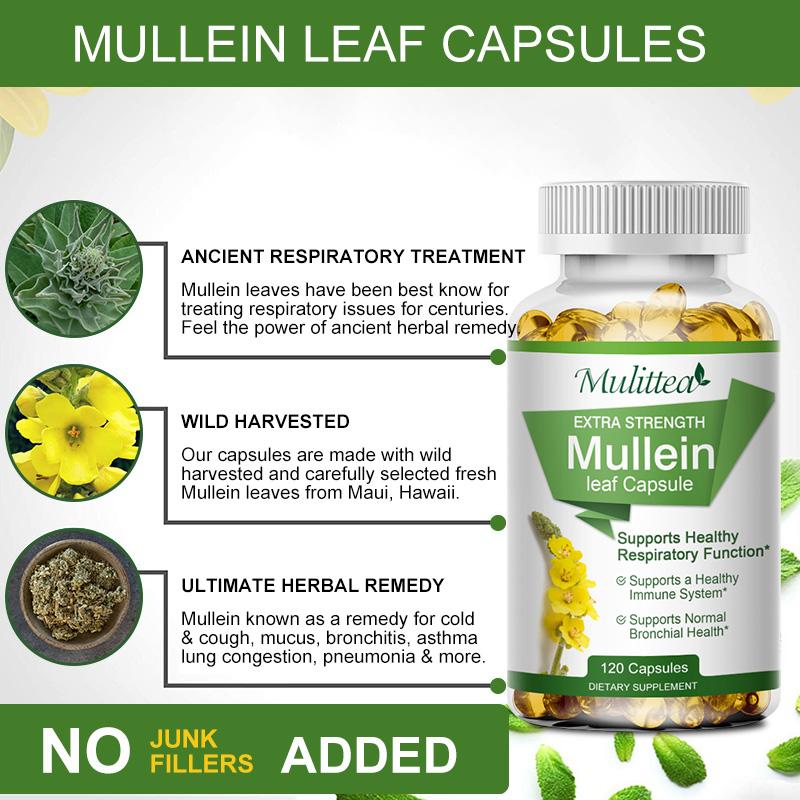 Natural Mullein Leaf Capsules Herbal Supplement  for Lung Cleanse  Supports Healthy Respiratory Function & Mucous Membranes