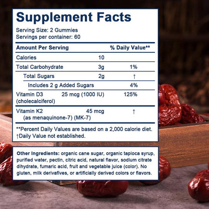 Mulittea Vitamin D3 + K2 Gummies – 1000 IU D3 & 45 mcg K2 – Bone & Muscle Support, Non-GMO, Gelatin-Free