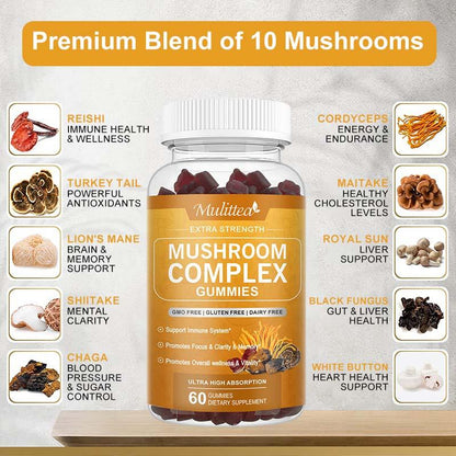 Mulittea Mushroom Gummies | 10 Mushroom Complex | 2500mg per Serving | Organic Extracts for Energy, Focus & Immune Support