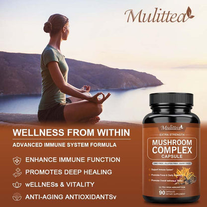 Mulittea 10 Mushroom Complex Supplement – Lions Mane, Reishi, Cordyceps for Focus, Memory, Immune Support & Natural Energy – Nootropic Brain Supplement – 2760mg