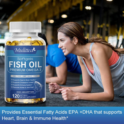 Mulittea Fish Oil 3600 mg Softgels – High Potency Omega-3 with EPA & DHA for Brain, Heart, Joint & Skin Support – Burpless, Pure Sea-Harvested – 120 Capsules