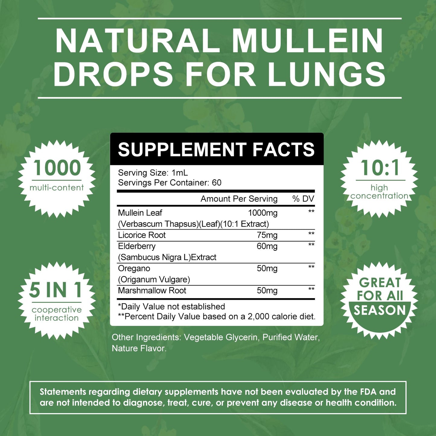 5-in-1 Mullein Liquid Drops for Lungs - Mullein Leaf & Elderberry Extract-Lung Cleanse-Respiratory Health Support-Lung Detox for Smokers-Immune Support Supplement -Herbal Supplements- 2 fl oz