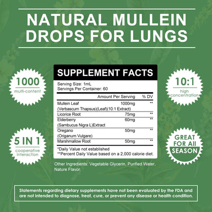 Mulittea 5-in-1 Mullein Drops for Lungs – Mullein Leaf & Elderberry Extract – Respiratory Health & Lung Detox Support – Herbal Immune Supplement – 2 fl oz