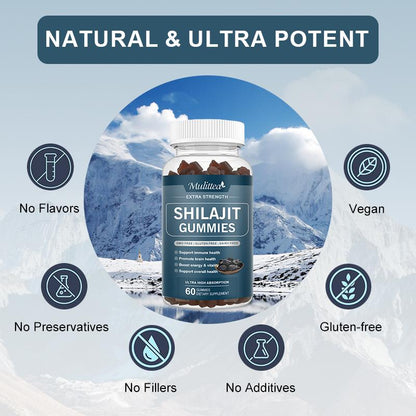 Mulittea Shilajit Gummies 800mg – 60 Strawberry Flavor Gummies (2 Pack) for Energy & Immune Support