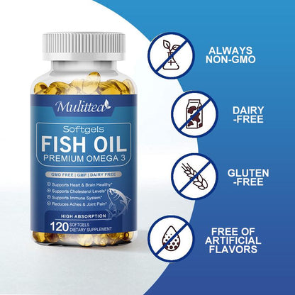 Mulittea Fish Oil 3600 mg Softgels – High Potency Omega-3 with EPA & DHA for Brain, Heart, Joint & Skin Support – Burpless, Pure Sea-Harvested – 120 Capsules
