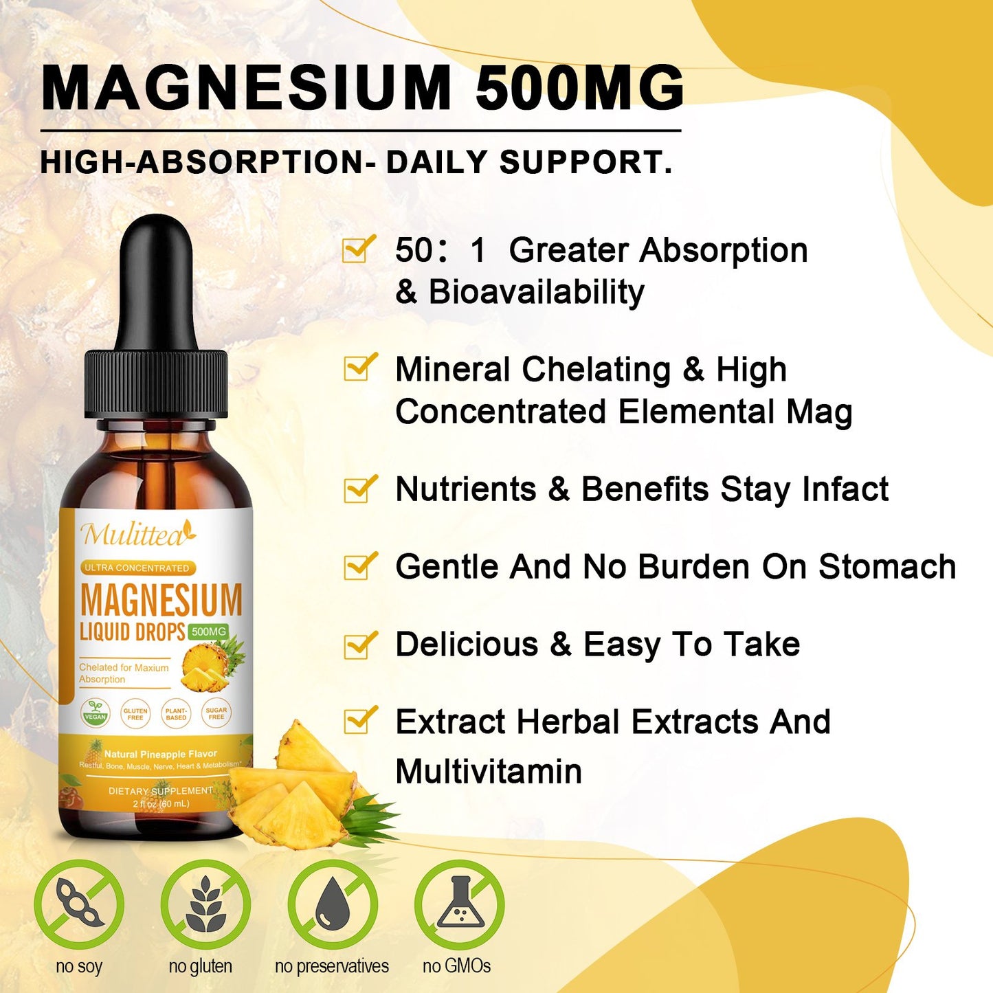 Magnesium 500mg Liquid Drops - High Absorption 5-in-1 Magnesium Complex Supplement with Glycinate, Malate, Citrate, Taurate - for Bone, Muscles, Nerves & Energy - Vegan Formula, Sugar Free, 2 Fl.oz