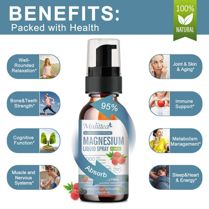 Mulittea Magnesium Glycinate Liquid Spray – Advanced Magnesium Complex with Citrate, Oxide, Malate, L-Theanine, D3K2 & B6 – Sugar-Free Raspberry Flavor, 30-Day Supply