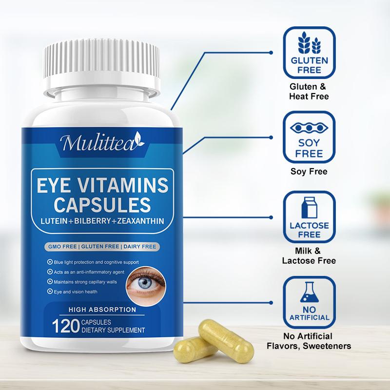 Mulittea Eye Vitamins with Lutein, Zeaxanthin, Bilberry Supports Eye Strain, Vision Health & Dryness Provides Eye Health and Vision Support