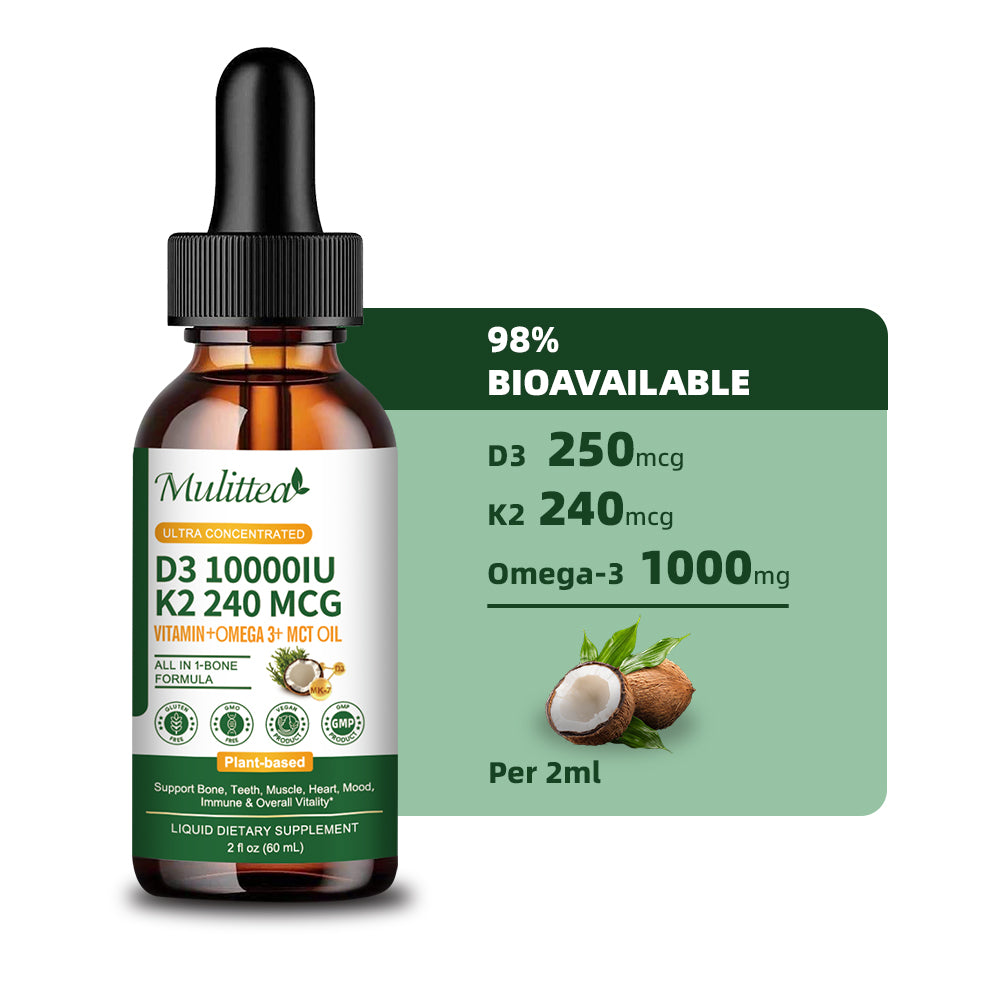 Mulittea Vitamin D3 K2 Liquid Drops 10,000 IU with MK7, Omega-3 & MCT Oil | Plant-Based, High Absorption | 2 Fl Oz (2-Pack)