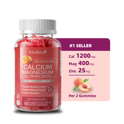 Mulittea Cal Mag Zinc Gummies 60 Count | Sugar-Free, Glycinate & Sea Moss | Bone, Muscle & Sleep Support | Peach Flavor