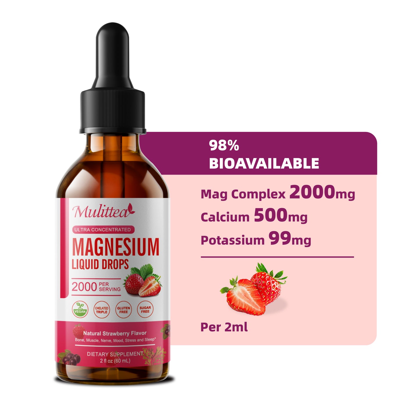 Mulittea Magnesium Liquid Drops 2000mg – Ultra Concentrated Magnesium Complex with D3, K2 & B6 | Natural Strawberry Flavor