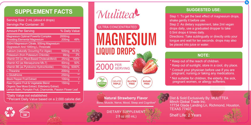 2 Packs Mulittea Magnesium Liquid Drops Gluten Free Dietary Supplement Natural Strawberry Flavor