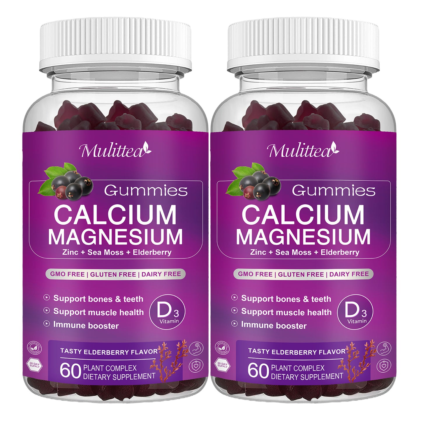 Calcium, Magnesium, Zinc Gummies with Magnesium glycinate 200mg & Vitamin D3 -Plant Complex Calcium Supplement with Potassium, Sea Moss,Elderberry for Bone,Energy,Calm&Mood(2 Pack)…