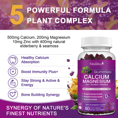 Mulittea Calcium Magnesium Zinc Gummies – With 200mg Magnesium Glycinate, Vitamin D3, Potassium, Sea Moss & Elderberry – Bone, Energy & Mood Support – Berry Flavor – 2 Pack
