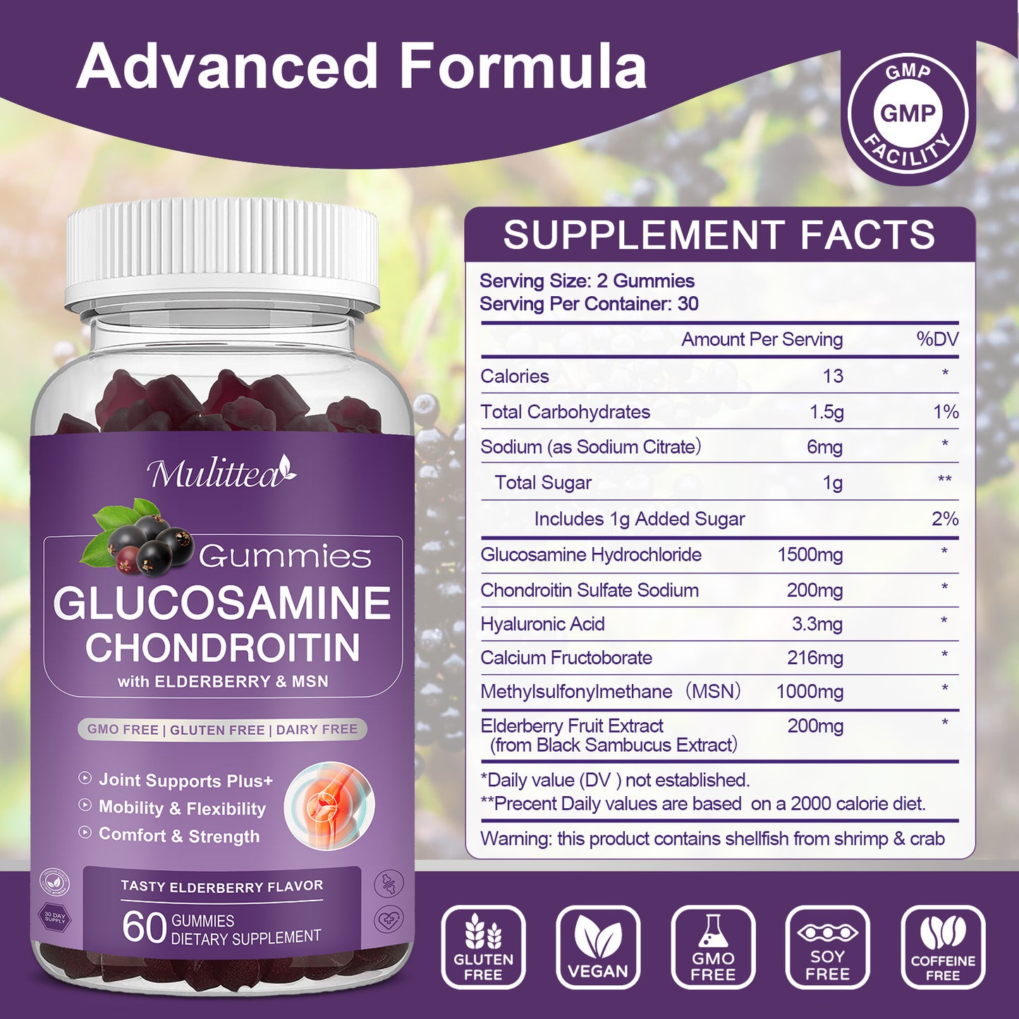 Glucosamine Chondroitin Gummies - Extra Strength Joint Support Gummies with MSM & Elderberry for Natural Joint Support supplemen, Antioxidant Immune Support for Adults, Men & Women
