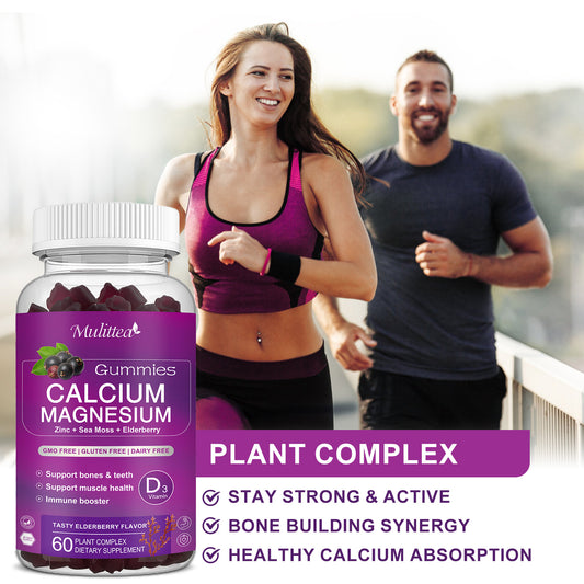 Mulittea Calcium Magnesium Zinc Gummies – With 200mg Magnesium Glycinate, Vitamin D3, Potassium, Sea Moss & Elderberry – Bone, Energy & Mood Support – Berry Flavor – 2 Pack