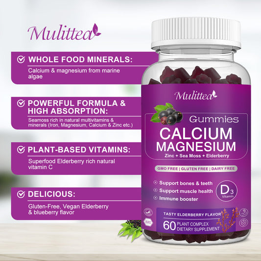 Mulittea Calcium Magnesium Zinc Gummies – With 200mg Magnesium Glycinate, Vitamin D3, Potassium, Sea Moss & Elderberry – Bone, Energy & Mood Support – Berry Flavor – 2 Pack