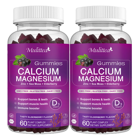 Mulittea Immune Support Elderberry Calcium Magnesium Zinc Gummies with D3 K2 – Plant-Based Mineral Complex